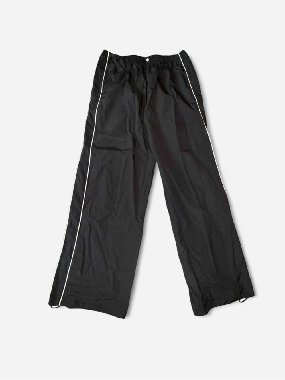Women's Black Parachute Wide-Leg Track Pants with White Side Piping